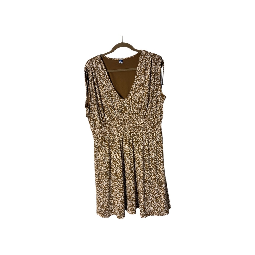 Old Navy Women's XL Brown White Leaf Print Smocked Waist V Neck Cap Sleeve Dress